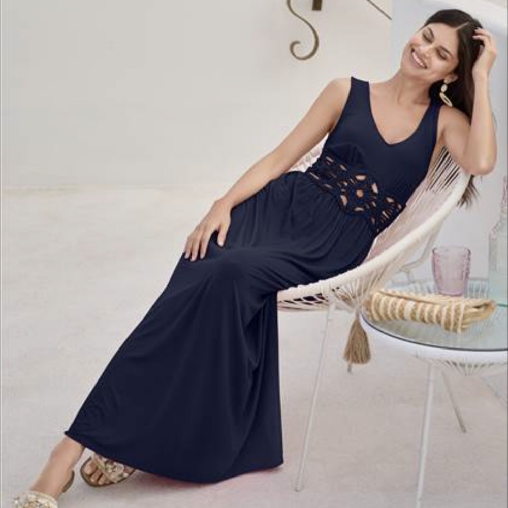 Venus maxi dress navy blue macrame crochet size XS